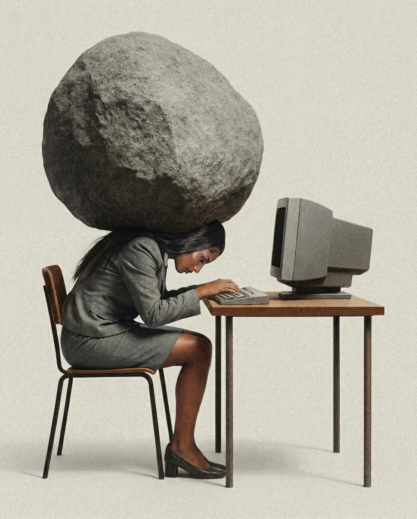 Professional typing at a desk while carrying a surreal heavy rock.