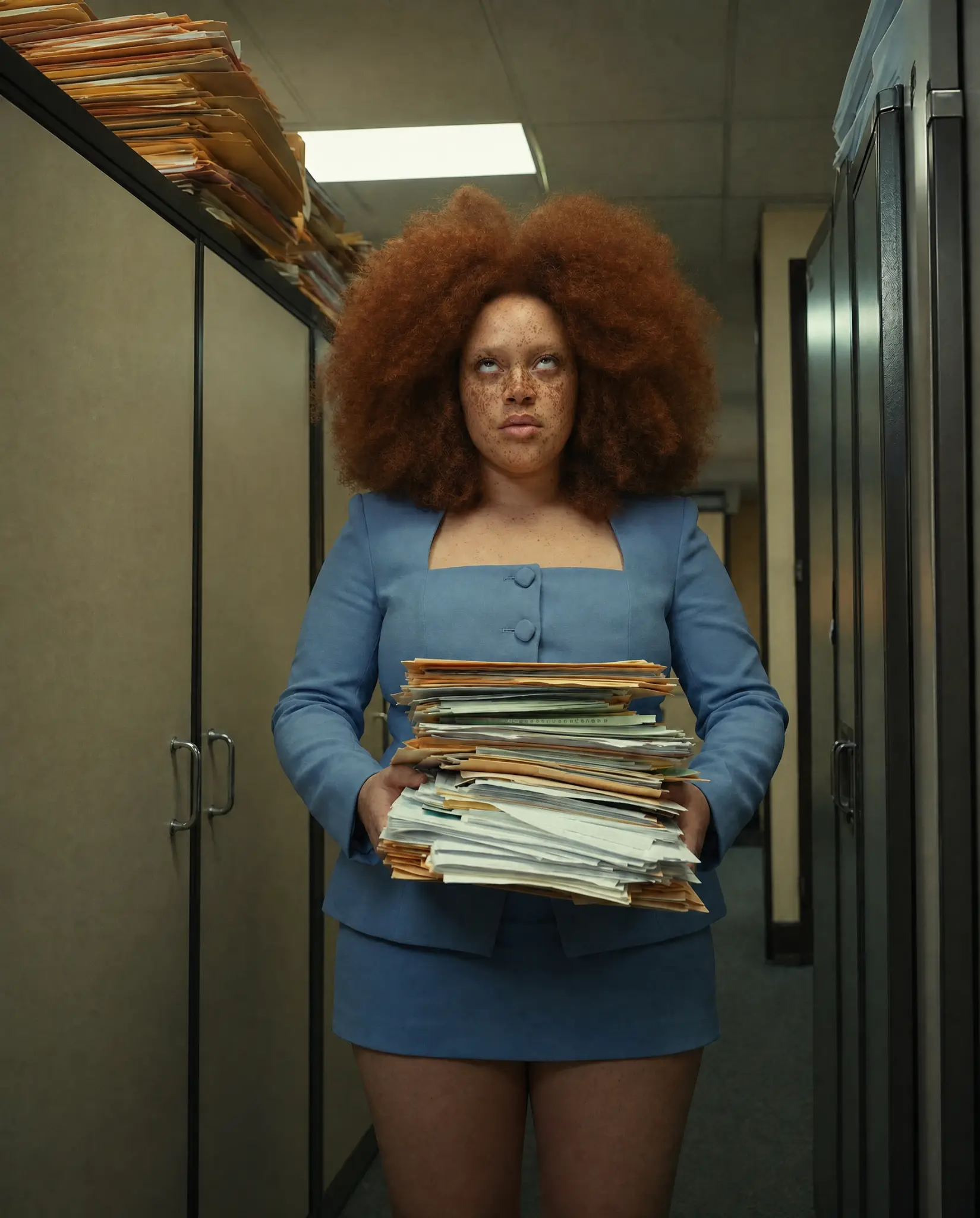 Professional holding a large stack of files in an office corridor.