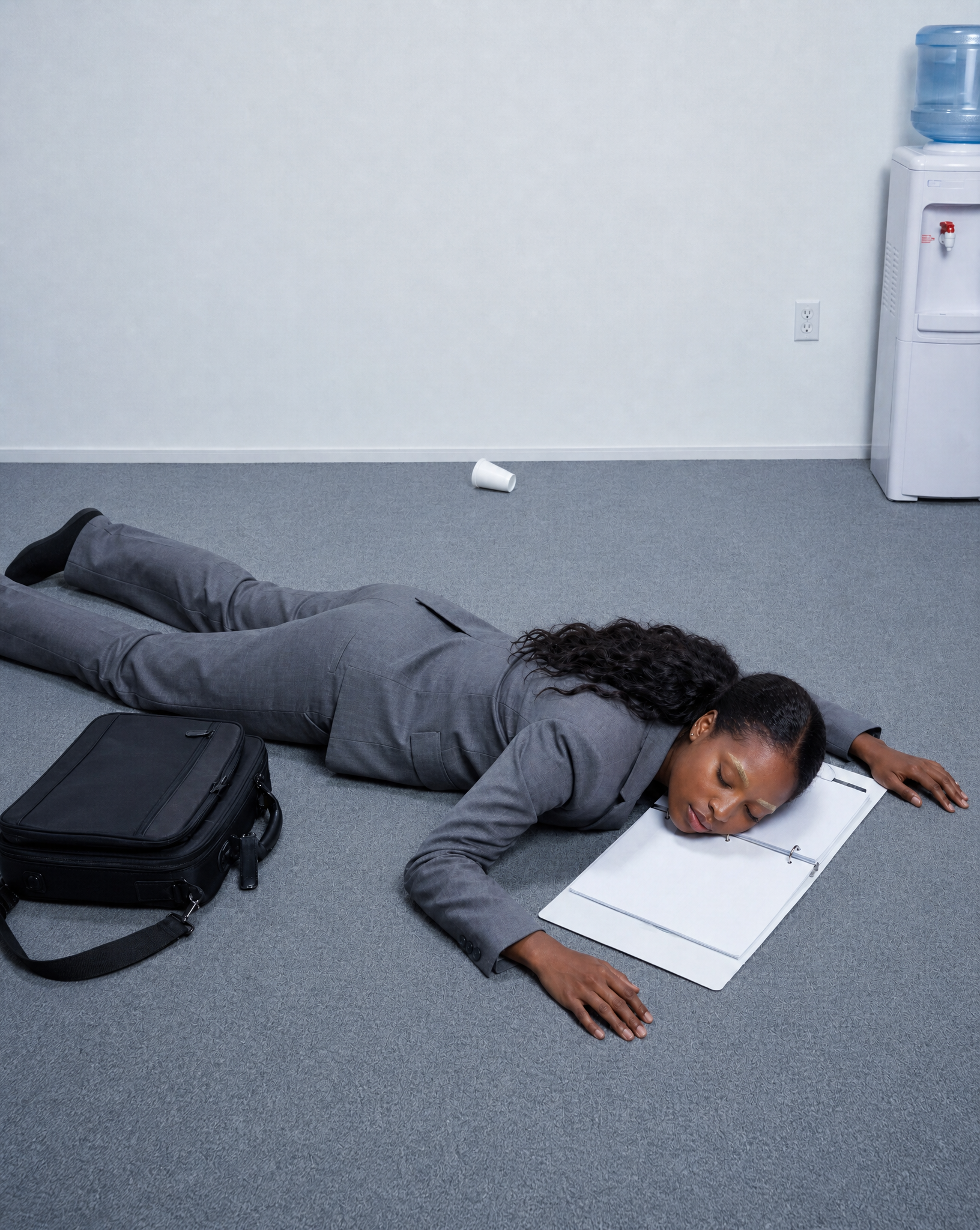 Exhausted professional in a gray suit lying on an office floor beside a bag, clipboard, and water cooler.