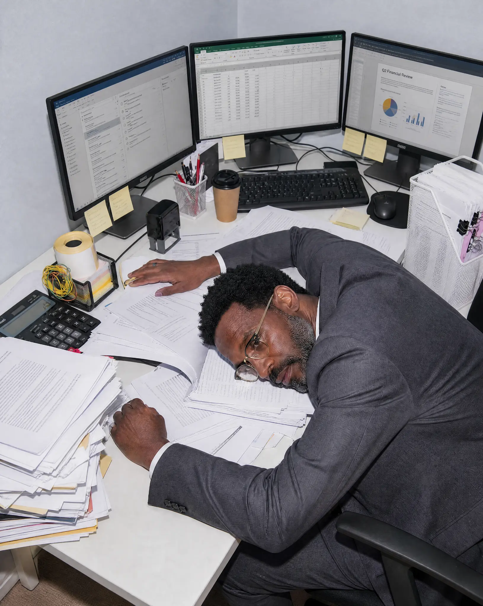 Professional lying across a desk beneath multiple computer monitors and stacks of paperwork.