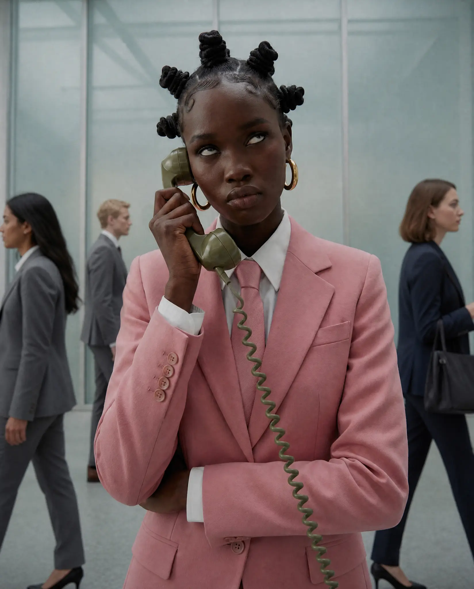 Professional in a pink suit holding a corded office phone while people pass behind them.