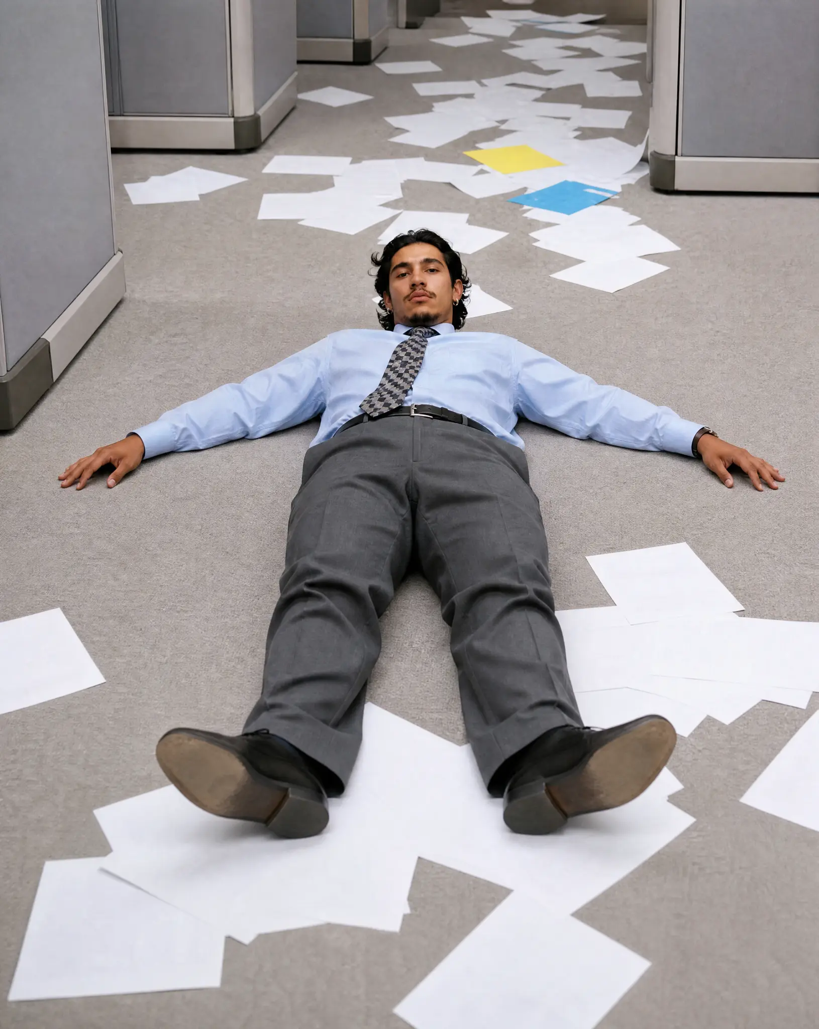Professional lying on an office floor surrounded by loose paperwork.