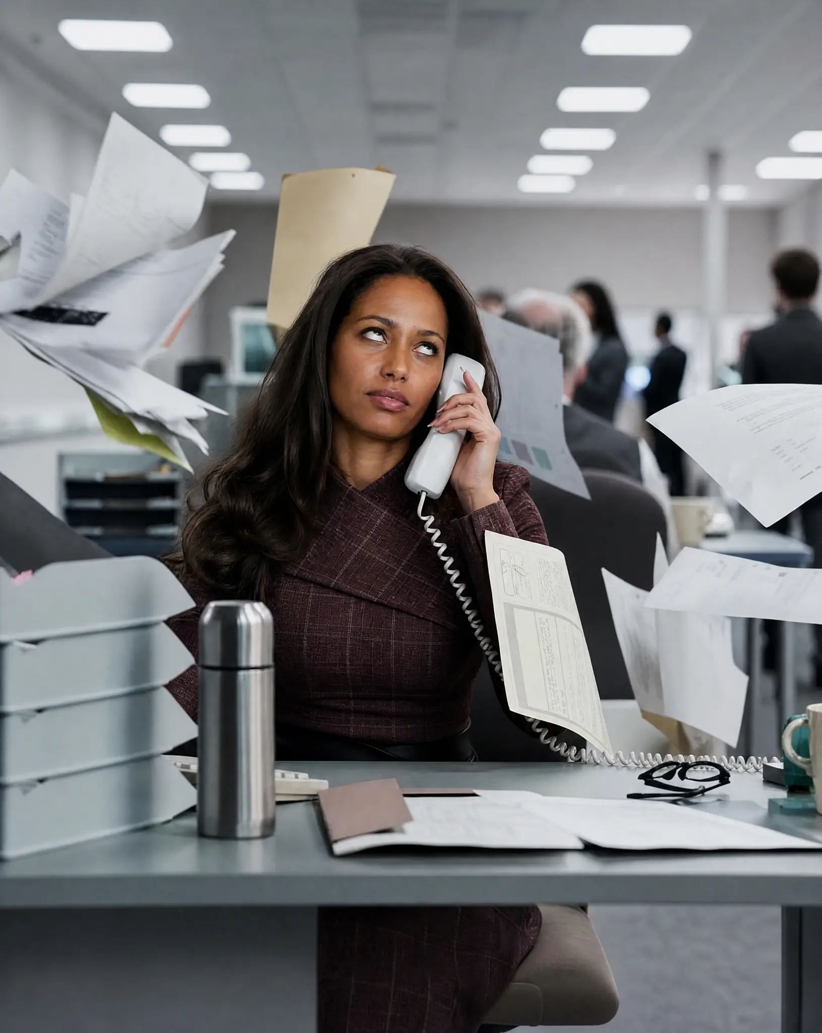 Professional holding a corded office phone while paperwork flies around her desk.